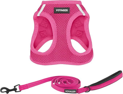 Best Pet Supplies Voyager Step-in Air All Weather Mesh Harness and Reflective Dog 5ft Leash Combo with Neoprene Handle, for Small, Medium and Large Breed Puppies - Set (Fuchsia), X-Large