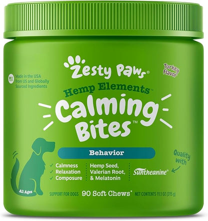 Zesty Paws Hemp Calming Chews for Dogs - Dog Hemp Calming Chews with Melatonin for Dogs for Stress, Travel, Check Ups, Thunderstorms, Separation Anxiety and More - Turkey - 90 Count