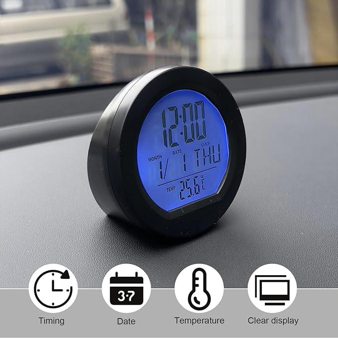 Car Digital Thermometer Clock, Dashboard Clock with Backlight Fahrenheit Celsius Temperature Display, Mini Adhesive 24 Hour Format Time Clock Calendar for Car Truck Home