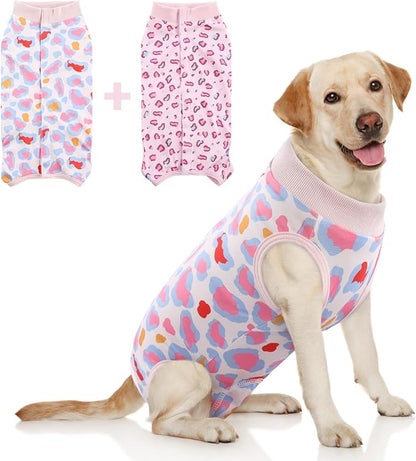 SAWMONG 2 Pack Dog Surgery Recovery Suit, Leopard Recovery Suit for Dogs After Surgery, Soft Polyester Spay Surgical Suit Female Male, Dog Onesie Body Suit Substitute Cone Alternative,2XL