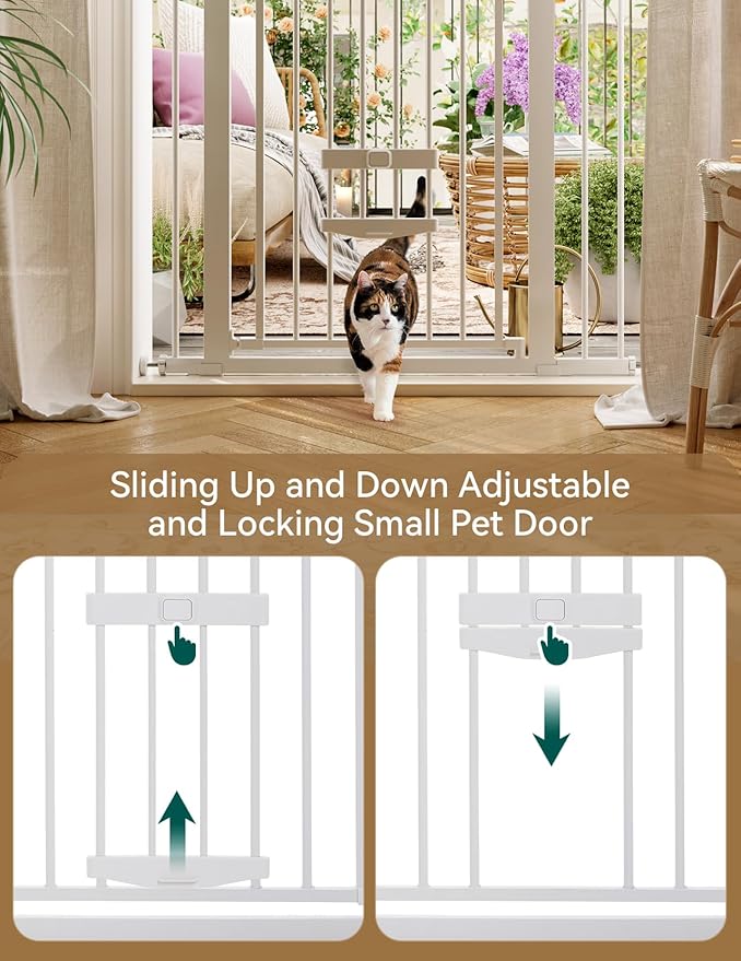 Babelio 36 Inch Extra Tall Baby Gate with Cat Door, 29-48" Metal Pet Door for Stairs, Doorways, Auto Close, Easy Walk Thru, White