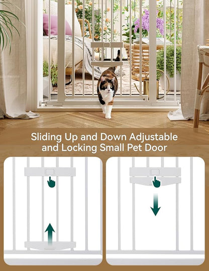 BABELIO 36 Inch Extra Tall Baby Gate with Cat Door, 29-40" Metal Dog Gate, Cat Gate for Stairs, Doorways, Auto Close Safety Gate with Pet Door, Easy Walk Thru, White