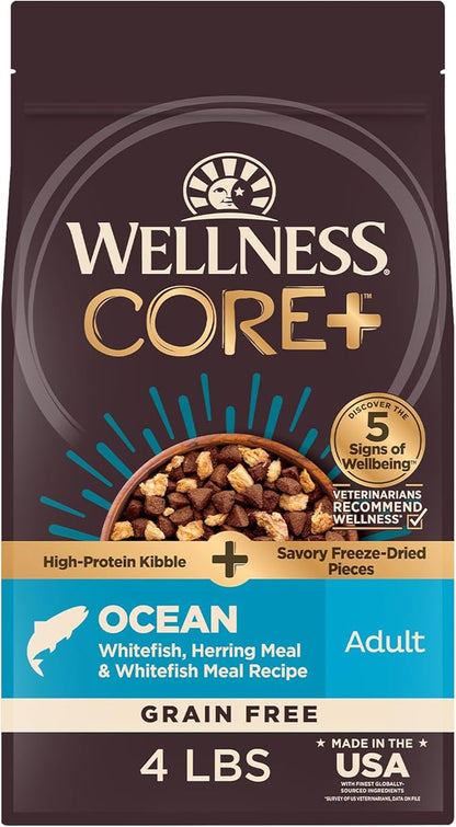 Wellness CORE+ Adult Dry Dog Food with Freeze Dried Pieces, Grain Free Kibble+, Natural, High Protein, Chicken Free, Whitefish, Herring, and Salmon Recipe, 4 lb Bag