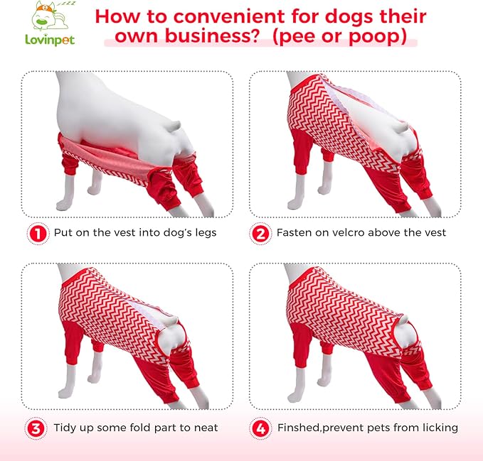 LovinPet Dog Recovery Suit for Large Medium Dogs - Cut-Out Design of Abdomen Recover Comfortably Well Protection Pet Onesie Suit Pet Pajamas Dog Anti Licking Bodysuit,Red Wave Pattern,M