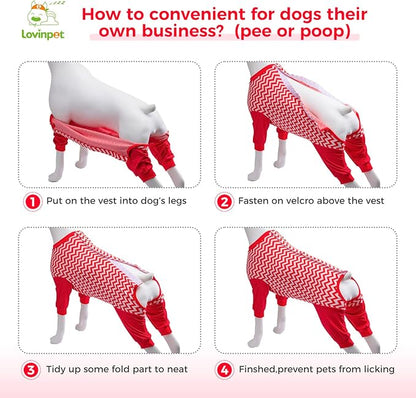 LovinPet Dog Recovery Suit for Large Medium Dogs - Cut-Out Design of Abdomen Recover Comfortably Well Protection Pet Onesie Suit Pet Pajamas Dog Anti Licking Bodysuit,Red Wave Pattern,XXL