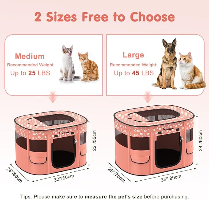Dog Playpen, Portable Pet Cat PlayPen, 600D Oxford Dog Kennel Tent Crate, Breathable&Waterproof, Outdoor Indoor Travel Camping for Medium/Large Breed with Carrying Case+Bowl, L, Light Pink Flowers