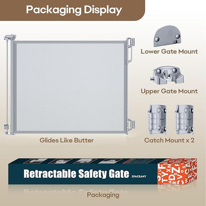 SPACEANY Retractable Baby Gate for Stairs & Doorways - 55" Wide Portable Safety Gate | Fits Baseboards, Easy to Use Indoor/Outdoor | Mesh Gate for Dogs, Puppies, Gray