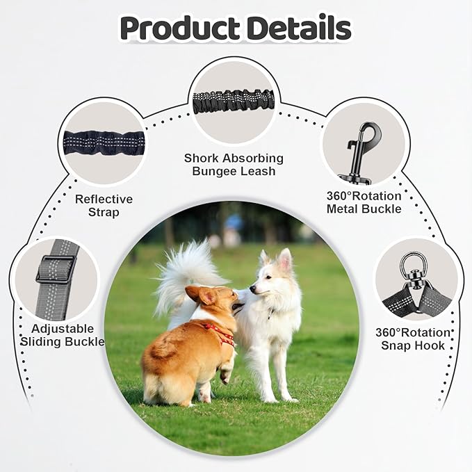 Double Dog Leash - 360°Swivel Tangle Free Splitter Attachment, 2 Dogs Multi-Functional Leashes, Dual Rope for Outdoor Walk Train Small Medium Large Two Pet, Grey