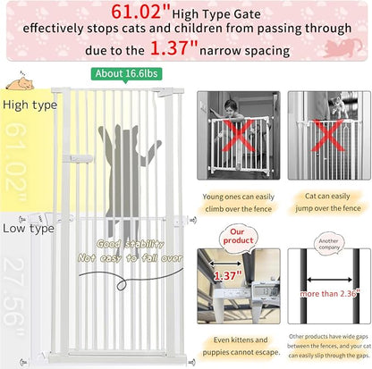 Lumizone Extra Tall Cat Gate 61.02" High Pressure Mounted Extra Wide 2025 New (17 Sizes) 1.37" Gap No Drilling Auto-Close One-Handed Operation Tall Pet Gate for Dogs(White, 61.02" H x 29.92"-34.24" W)