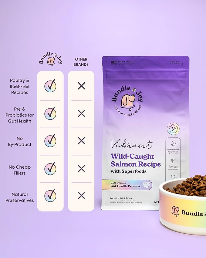 Bundle x Joy Vibrant Probiotic Dog Food Dry, Salmon, 24lb Bag, Allergy and Gut-Friendly Adult Kibble for Digestive Health with Wild-Caught Salmon, 20 Plant Based Superfoods, Grain x Poultry Free