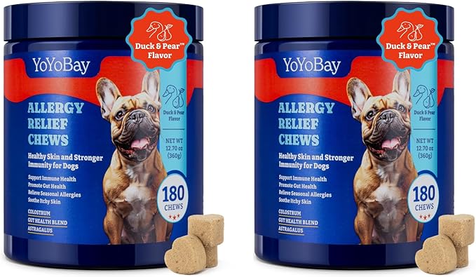 Dog Allergy Relief Chews – 180 Soft Chews, Duck & Pear Flavor - Immune Support & Itch Relief with Colostrum, Astragalus Root, 6-Strain Gut Health Blend, 2 Pack