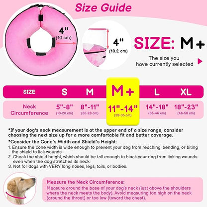 BARKLESS Inflatable Dog Cone, Protective Dog Surgery Collar to Stop Licking Biting Wounds, Patented Soft Donut Cone with Clear Shield, Adjustable Blow-up Collar for Surgery Recovery (Pink, M+)
