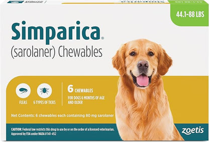 Simparica (sarolaner) Chewables for Dogs, 80 mg/tab, 44.1-88 lbs (Green), 6 Tablets