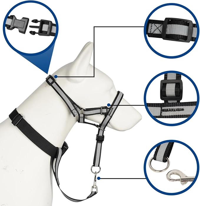 BARKLESS Reflective Head Collar, No Pull Collar for Large Dogs, Anti-Pull Muzzle Leash for Large Sized Breed, Adjustable Soft Dog Halter, Nose Leash for Easy Control on Walks