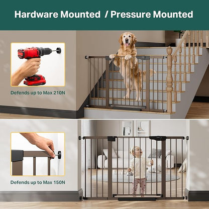 Cumbor 2-Pack Baby & Dog Gates Bundle, 29.7-51.5" & 30-54" Extra Wide Safety Gates for Stairs Doorways Hallways, Dual Lock Auto Close Easy Install Pet Gate, Brown