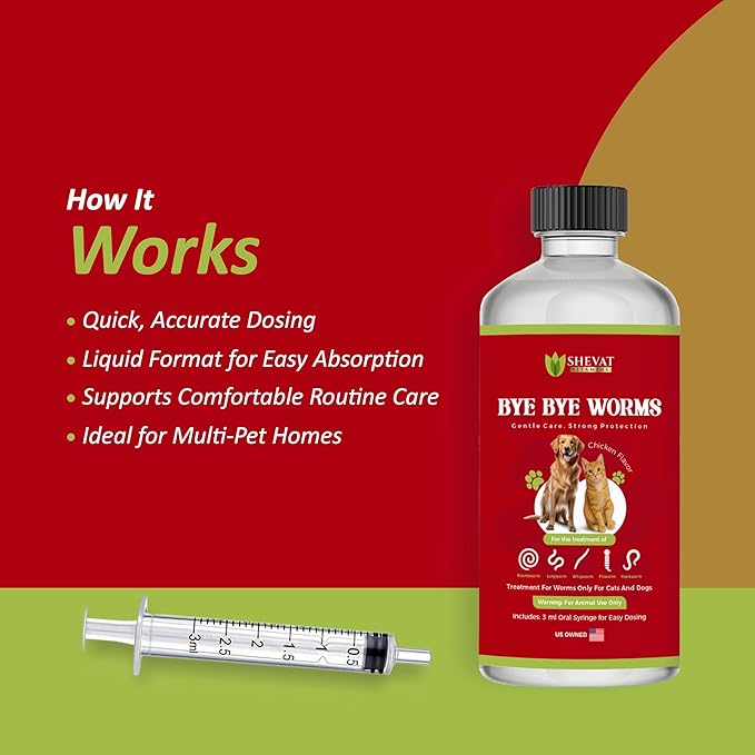 Bye Bye Worms – Advanced Dewormer for Cats & Dogs | Safe & Effective Liquid Worm Treatment | Chicken Flavor (120ML)