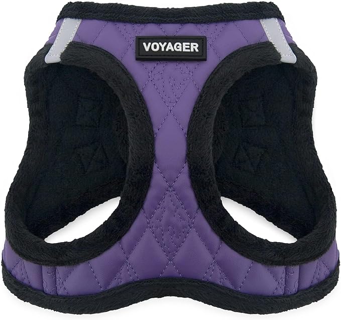 Best Pet Supplies - All Weather Plush, Reflective, No Pull Harness for Small, Medium Dogs, Cats - Secure with Hook & Loop Fastener, Buckle, Double D-Rings - Purple Faux Leather, L