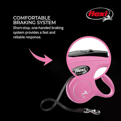 FLEXI New Classic Tape Retractable Dog Leash for Small Dogs Up to 33 lbs. – 16 ft., Pink Tangle-Free Pet Walking Leash with One-Handed Brake, Pause, Lock German Quality Product