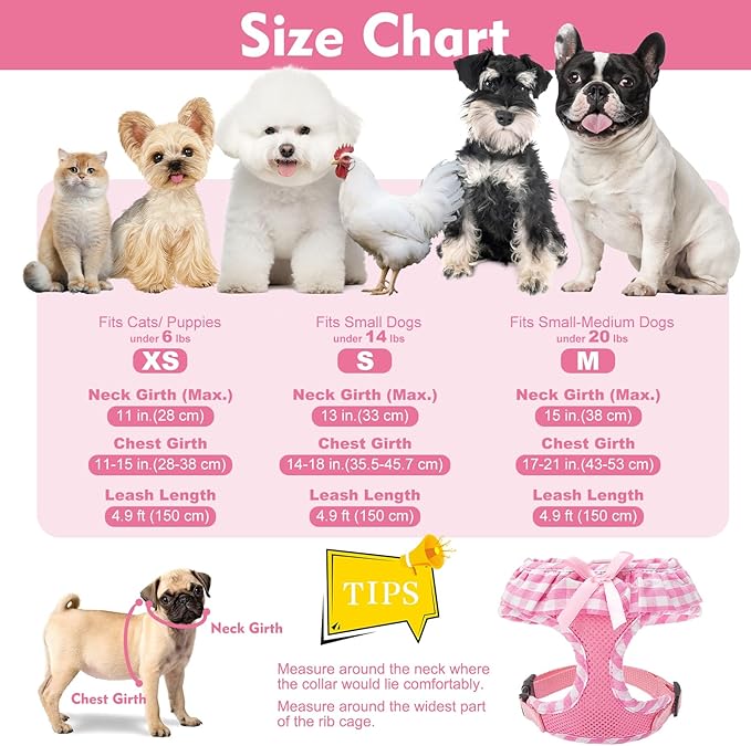 EXPAWLORER Cute Dog Harness and Leash Set - Pink Girl Dog Harness Checkered Step-in Design, Easy Adjustable No-Choke Lightweight Breathable Vest for Small Medium Dogs Outdoor Walking, Medium