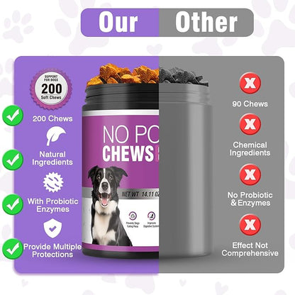 Prevent Stop Dogs from Eating Poop Supplement with Digestive Enzymes&Probiotics-No Poop Eating Deterrent for Dog-200 Chews No Poo Chews-Coprophagia Deterrent for Dogs