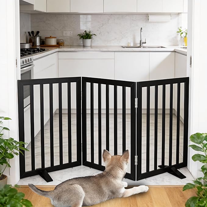 Dog Gate Indoor, Freestanding Dog Fence for The House, Doorways, Hallways,or Stairs,Pet Gate Foldable Wooden,Expandable 24" Height 3 Panels,Black