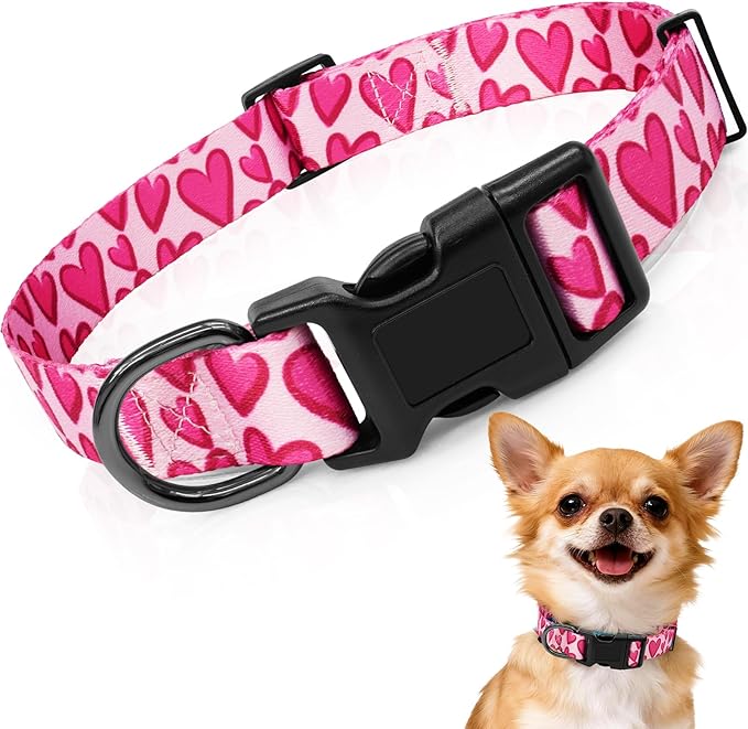 Kazazoo Dog Collar Cute and Soft Nylon Puppy Collar Girl, Adjustable Dog Collars for Small Medium Dogs, Hot Pink Heart-XS