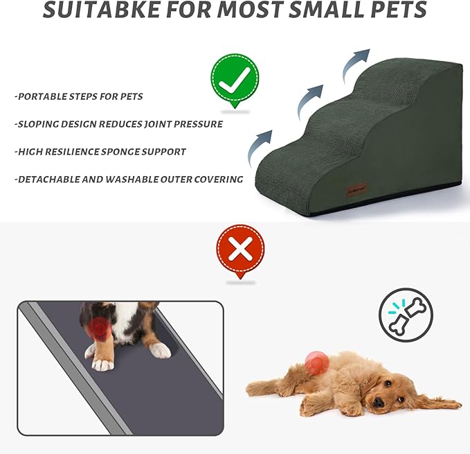 Aodisman 3-Step Dog Ramp and Stairs for Sofa and Chair - Non-Slip Sturdy Pet Steps for Small Dogs and Cats,15.7" H,Green