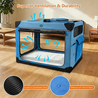 Ownpets Collapsible Dog Crate, 42 inch Portable Travel Dog Crate for Large Dogs, 4-Door Foldable Pet Kennel with Durable Mesh Windows & Soft Mat, Blue