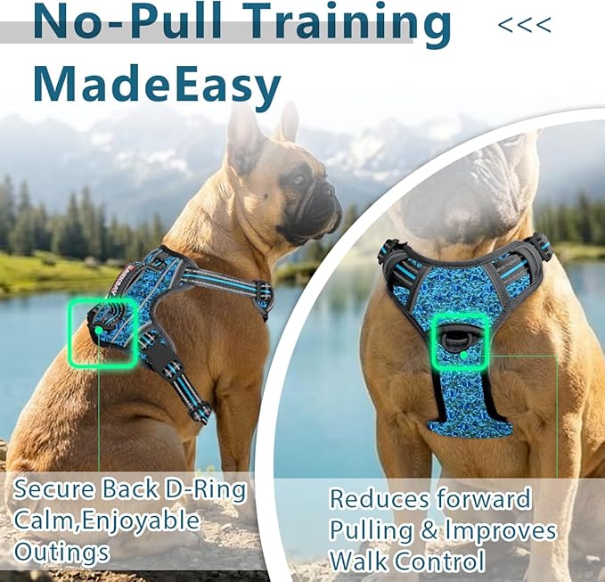 BARKBAY Dog Harness No Pull with ID Tag Pocket - Heavy Duty, Reflective, Easy Control for Large Dogs(Blue/Black,L)