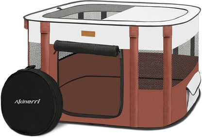 Dog Playpen - Foldable Cat Play Pens for Pubby,Kitten, Rabbit,Portable Pet Tent with Carring Bag for Indoor/Outdoor Travel Camping (Brown-Large)