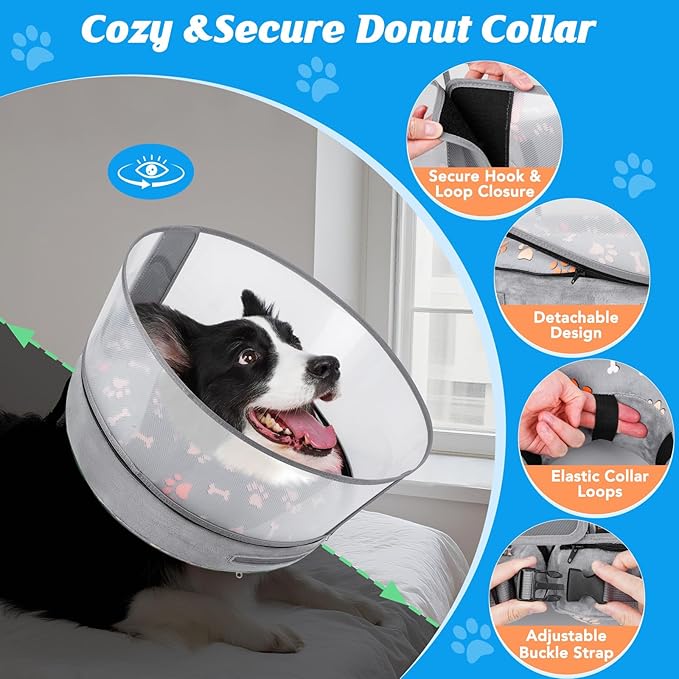 Inflatable Dog Cone with Anti-Licking Clear Shield, Protective Dog Donut Collar After Surgery, Adjustable Soft Recovery Cone for Pets, Alternative Collar with Buckle Strap (Grey, M+)