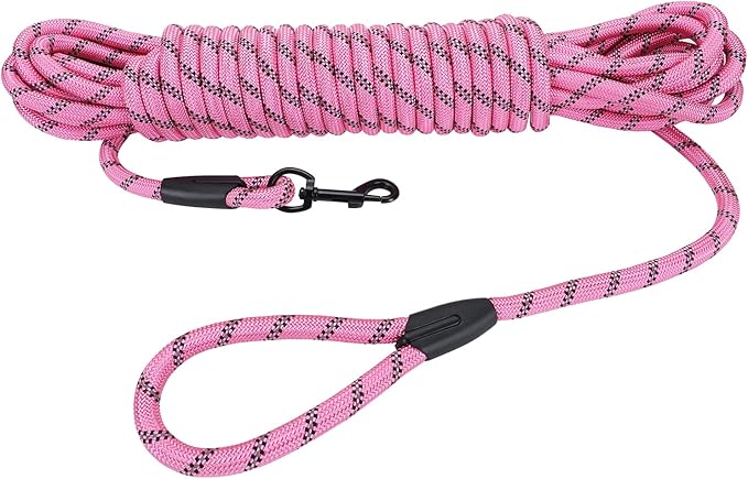 Long Dog Leash for Training 50Ft-Reflective Nylon Rope with Swivel Hook-Recall Agility Lead for Large Small Medium Dogs Outside Walking Hiking-Pink Diam 1/2"