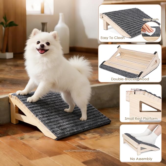 1-Pack Dog Stairs Ramp for Small & Aged Dogs - Wooden Anti-Slip Pet Steps, Low-Angled Dog Assist Ramp for Indoor & Outdoor, Slant Board Calf Stretcher & Office Footrest, Patio/Home/Office 3-in-1 Use