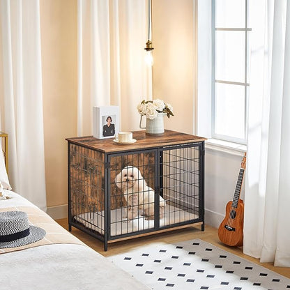 MAHANCRIS Dog Crate Furniture with Cushion, Wooden Dog Kennel with Double Doors, Heavy Duty Dog Cage for Small/Medium/Large Dogs, Indoor Dog House End Table, 31.5" L, Rustic Brown DCHR0701Z1