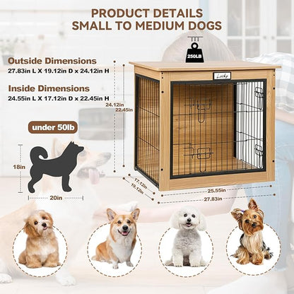Oak Dog Crate Furniture with Reversible Side Door, Wooden Indoor Dog Kennel for Small Medium Dogs, End Table Dog Crate with Double Locks, Heavy Duty Steel Mesh Furniture Style Dog Cage