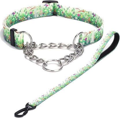 Martingale Dog Collar with Stainless Steel Chain - Limited Chain Cinch Training Collar for No Pull Training Dog - Flower Multicolor Cute Patterns - Premium No Slip Collar (XL, Grass Set)