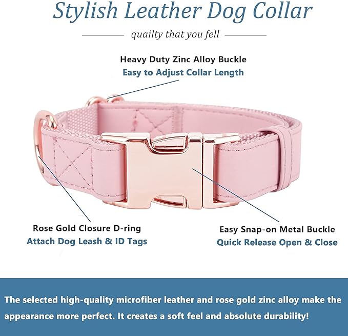 Dog Collar and Leash Set.Soft and Easy to Clean Vegan Leather with Rose Gold Metal Buckle for Small Medium Large Dogs (Pink, L(15.4”-24.8“)