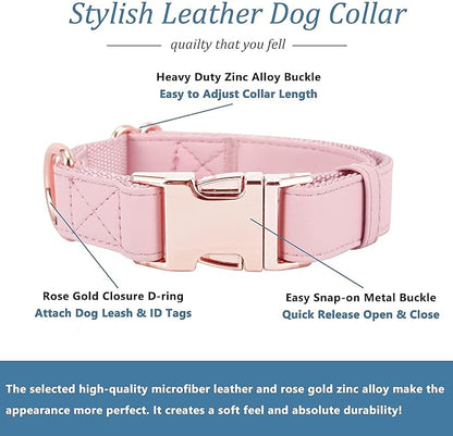 Dog Collar and Leash Set.Soft and Easy to Clean Vegan Leather with Rose Gold Metal Buckle for Small Medium Large Dogs (Pink, M(13.8"-19.7"))