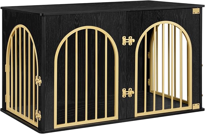Hzuaneri 39.4" Wooden Dog Crate Furniture, Indoor Dog Kennel Dogs Cage for Small/Medium/Large Dogs, Heavy Duty Dog Crates Decorative Pet House End Side Table TV Stand, Black Gold DFC84104A