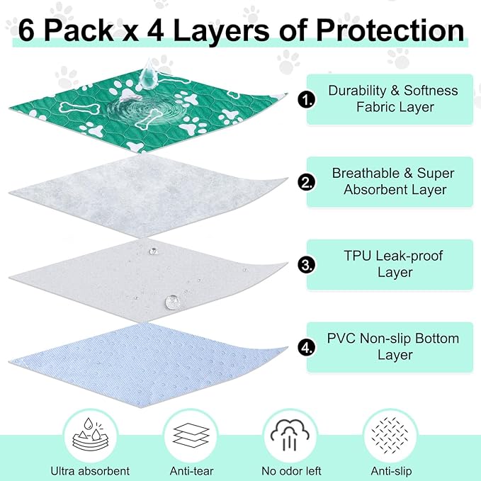 BEAUTYZOO 6 Pack Washable Pee Pads for Dogs, Reusable Puppy Pads for Potty Training, Waterproof Super Absorbent Whelping Pads, Mats Non Slip Against Urine for Small Medium Dogs Cats, 16" x 24"