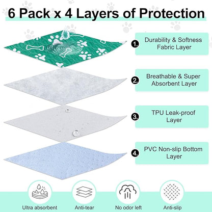 BEAUTYZOO 6 Pack Washable Pee Pads for Dogs, Reusable Puppy Pads for Potty Training, Waterproof Super Absorbent Whelping Pads, Mats Non Slip Against Urine for Small Medium Dogs Cats, 16" x 24"