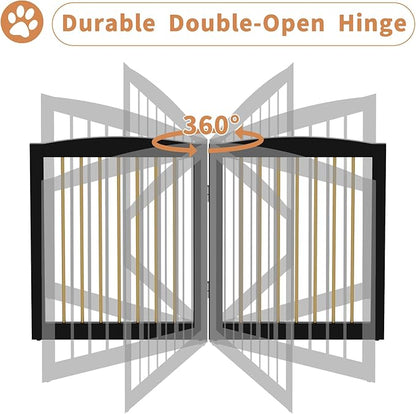 PUPETPO Freestanding Pet Gate for Dogs, Indoor Wooden Dog Gate for House, Foldable Dog Gate for Doorway, Stair, Step Over Pet Puppy Safety Fence Tall, 80 Inch Wide, 4 Panels 32", Black & Gold