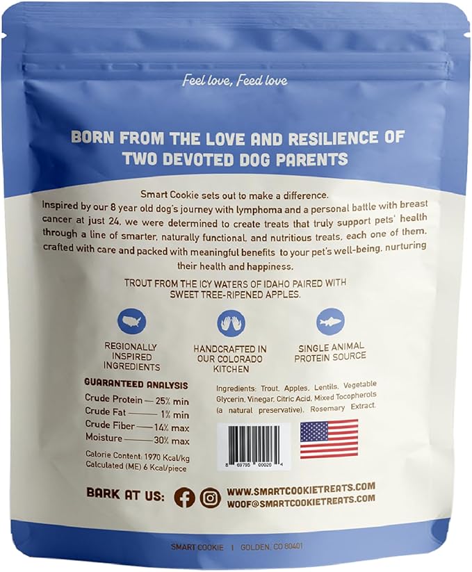 Smart Cookie All Natural Dog Treats - Trout & Apple - Training Treats for Dogs with Allergies, Sensitive Stomachs - Soft Dog Treats, Grain Free, Chewy, Human-Grade, Made in USA - 5oz, Pack of 3