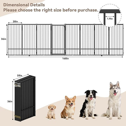 SNUOWU Full Metal Freestanding Dog Gate with Door, 36''Height Foldable Pet Dog Fence for Indoor & Outdoor, 8 Panels Extra Wide Free Standing TallDog Gates for Doorways,House,Stairs,Porch,Deck,Yard