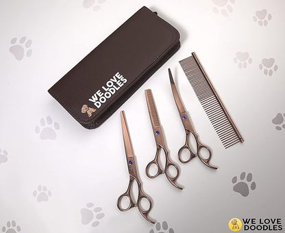 Dog Grooming Scissors Kit - Best Tools for Goldendoodles & Poodles - Straight, Curved & Thinning Shears - Professional Grade Stainless Steel, 4 Pc Set [We Love Doodles]