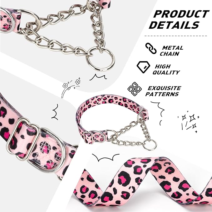 Pink Leopard Martingale Dog Collar - No-Pull Training Collar with Chain, Soft & Durable Design for Medium, Large & XL Dogs (XL Pink Leopard)