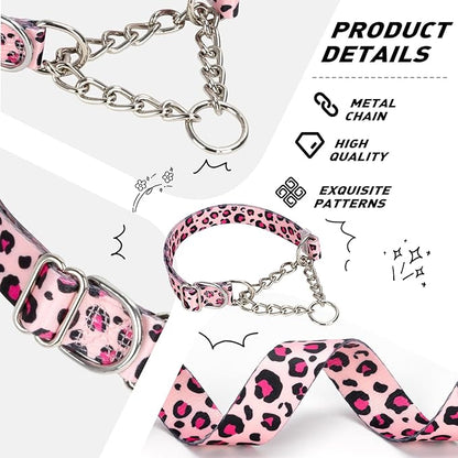 Pink Leopard Martingale Dog Collar, No-Pull Training Collar with Chain, Soft & Durable Design for Medium, Large & XL Dogs (Pink Leopard Medium )