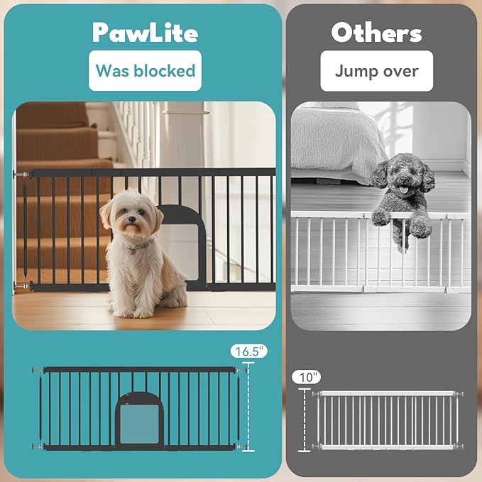 No Pawblems Dog Gate with Small Pet Door, 16"-42.7" Adjustable Metal Short Dog Gate to Step Over, 16.5" Tall, with 3 Extension Kits, Pressure Mounted, for Doorways & Stairs, Black