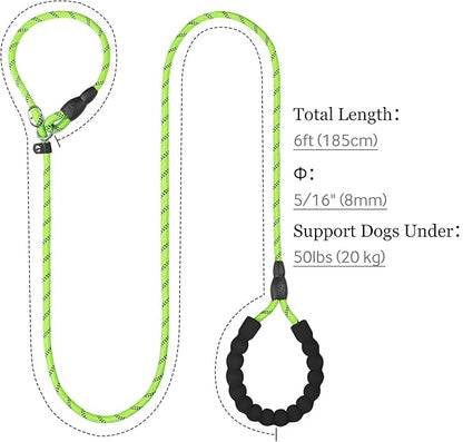 TagME 6ft Slip Dog Lead, No Pull Reflective Training Leash with Padded Handle, Professional Rope P-Leash for Small Medium Large Dogs, Heavy Duty Correction Lead for Walking & Training (Green)