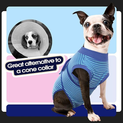 FUAMEY Recovery Suit for Dogs After Surgery,Soft Breathable Dog Bodysuit E-Collar & Cone Alternative Surgical Suit,Male Female Dog Neuter Spay Suits Anti Licking Wounds Onesie Navy Blue Strips XXL